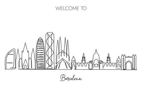 Barcelona skyline one continuous line drawing on white background, Hand ...