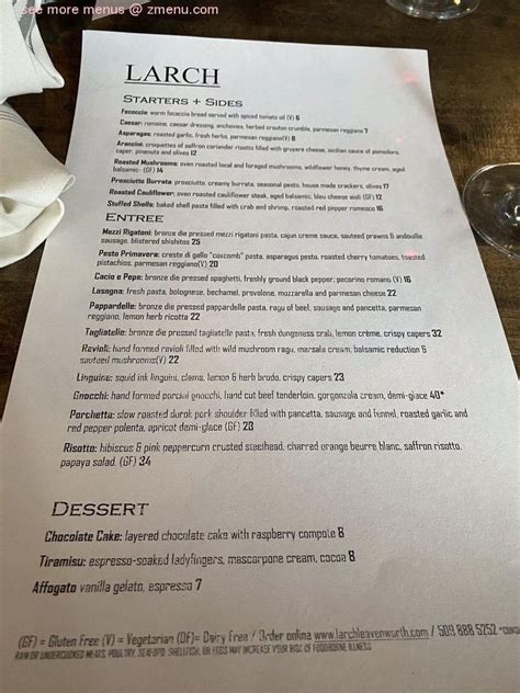 Menu at Larch Handcrafted Pasta & cocktails restaurant, Leavenworth