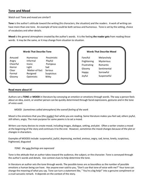 Mood And Tone Worksheets