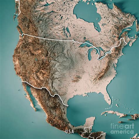 USA 3D Render Topographic Map Neutral Border Digital Art by Frank ...