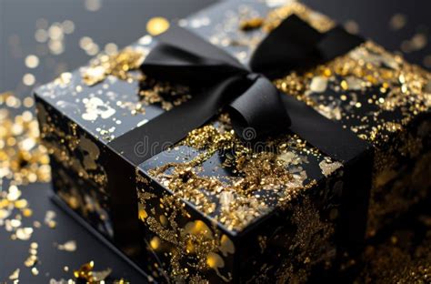 Black Box with Gold Ribbon and Gold Confetti Stock Image - Image of confetti, generative: 304234183