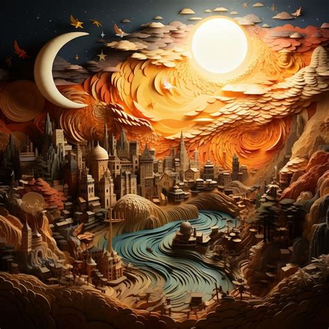 Premium AI Image | a painting of a city with a moon and a city in the ...