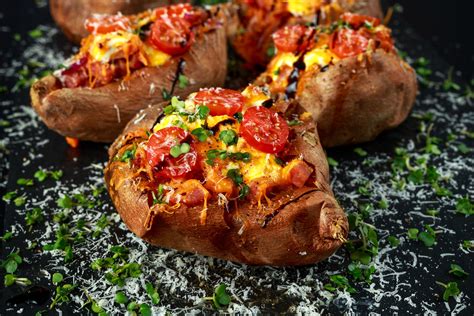 Bacon, tomato and cheese stuffed jacket sweet potato Recipe