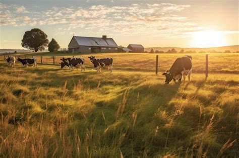 Premium AI Image | Cows grazing in a field at sunset with farmxA