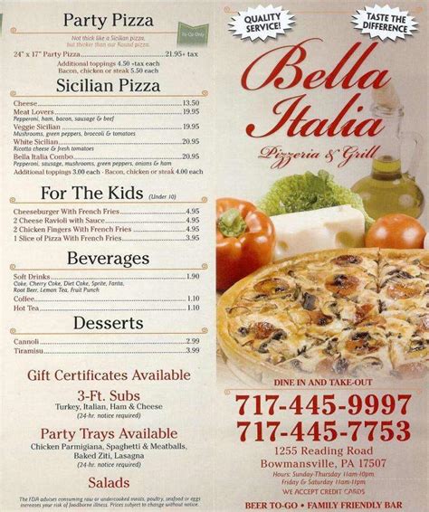 Menu of Bella Italia in Bowmansville, PA 17507