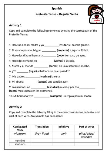 Spanish - Preterite Tense Worksheet 2 - Regular Verbs | Teaching Resources