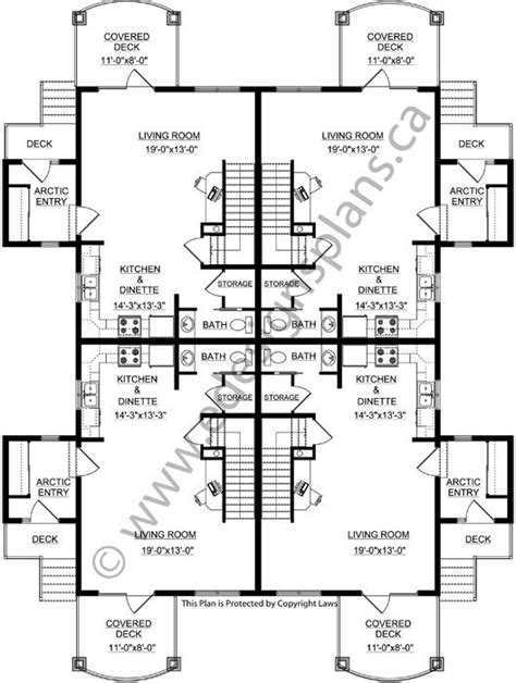 4-Plex Plan 2011544: 2 bedroom 4-Plex Plan with a full basement. Open main floor plan with a ...