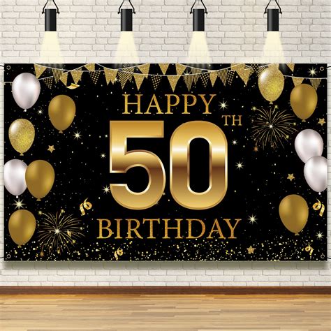 Buy 50th Birthday Decorations Backdrop Banner, Black Gold Happy 50th ...