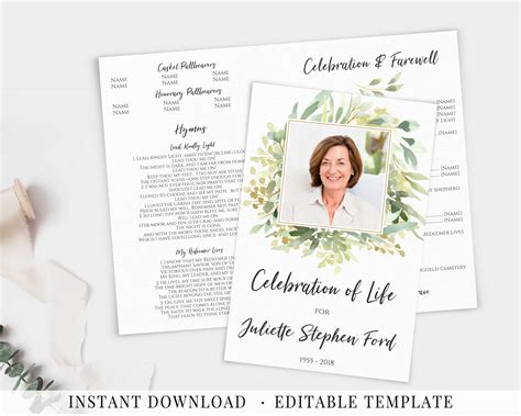 Obituary Program Celebration of Life for Men Funeral Program Template with Green Leaf Design for ...