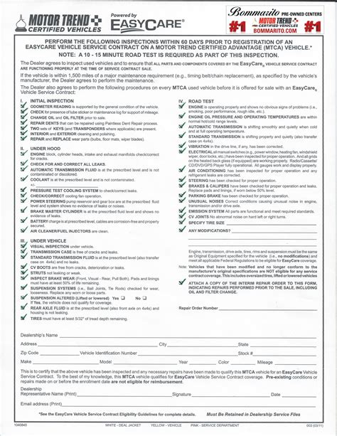 Nissan warranty inspection form