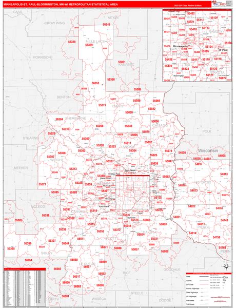 Minneapolis-St. Paul-Bloomington Metro Area, MN Wall Map Red Line Style