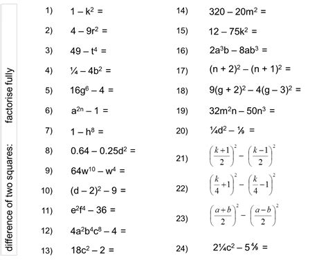 Factoring The Difference Of Squares Worksheet