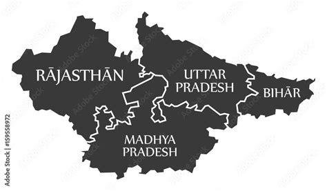 Rajasthan - Madhya Pradesh - Uttar Pradesh - Bihar Map Illustration of Indian states Stock ...