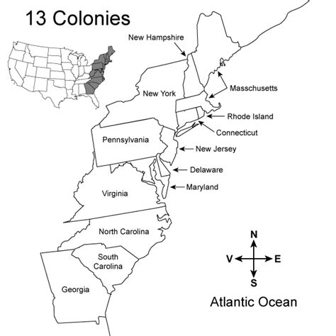 Map of the 13 Colonies - Free Printable Worksheet