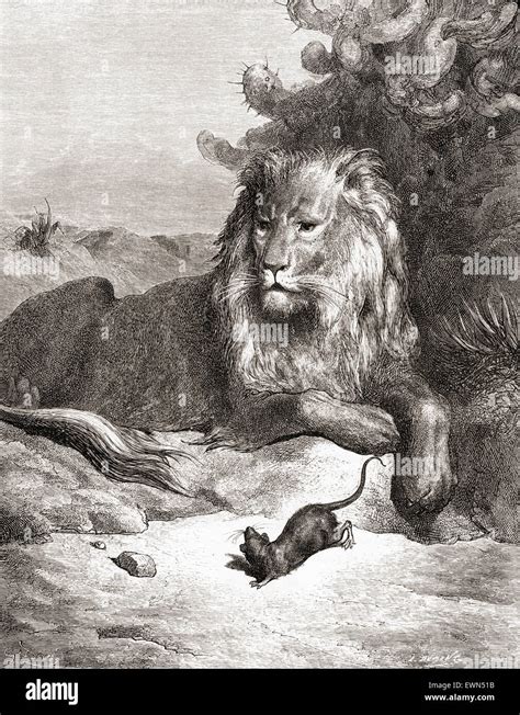 Gustave Doré's illustration of La Fontaine's fable The Lion and the Mouse, (Le Lion et le Rat ...