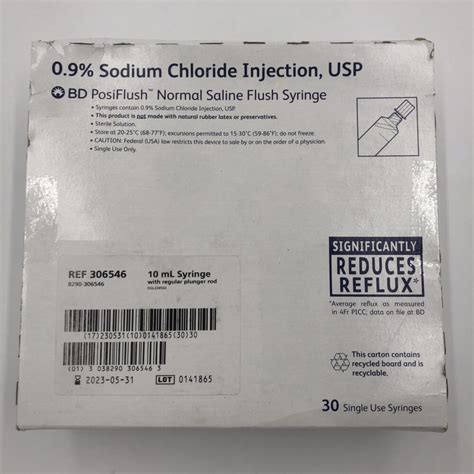 BD 306546 0.9% Sodium Chloride Injection, USP, PosiFlush Normal Saline Flush Syringe, 10mL (Box ...