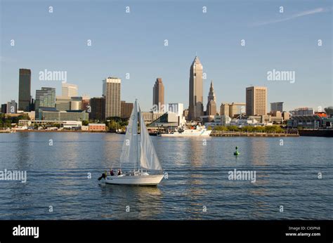 Ohio, Cleveland. Lake Erie view of downtown Cleveland city skyline ...