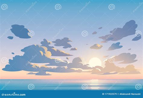 Vector Landscape Blue Sky and Clouds. Sunset. Anime Cartoon Clean Style ...