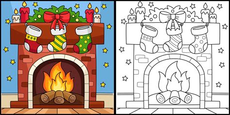 Christmas Fireplace with Stocking Coloring Page 10789155 Vector Art at ...