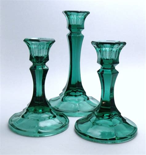 Vintage glass candle holders candlesticks green glass set of