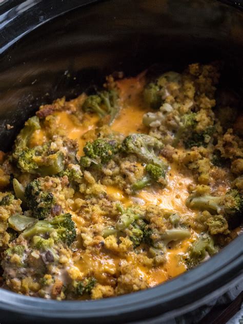 Cheesy Crock Pot Broccoli Stuffing Casserole - Skinny Healthy Food