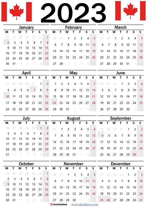 Canada 2023 Calendar With Holidays Printable