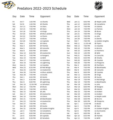 Nashville Predators Schedule - 2022-23