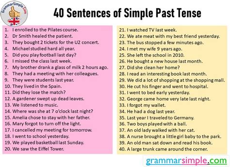 a poster with the words 40 sentences of simple past tense