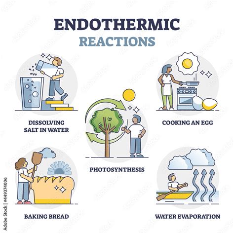 Endothermic reactions list with external energy outline collection set. Educational labeled ...