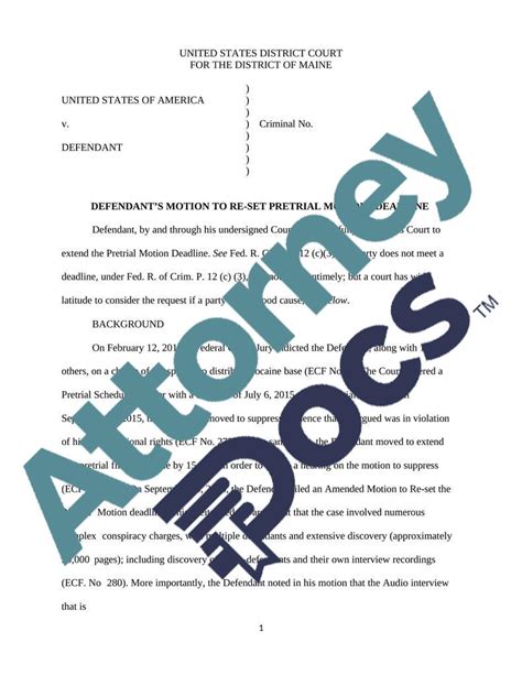 Defendant's Motion to Re-Set Pretrial Motions Deadline - Attorney Docs - The Legal Document ...