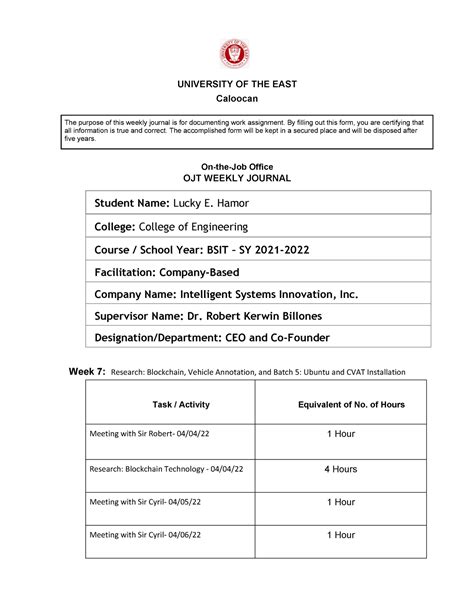 OJT-Weekly Journal-April 4, 2022 - April 9, 2022 - UNIVERSITY OF THE EAST Caloocan On-the-Job ...