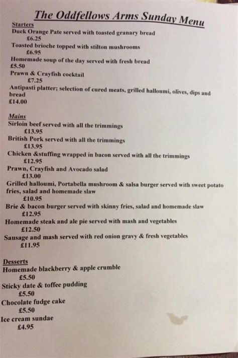 Menu at The Oddfellows Arms pub & bar, Harpenden