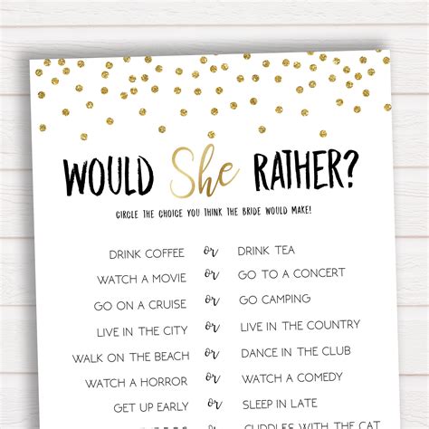 Bridal Shower Game Would She Rather, Bridal Shower Games, Gold Confetti, Fun Bridal Shower Games ...