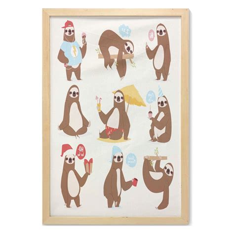 Sloth Wall Art with Frame, Funny Sluggard Animal Character Different Poses Lazy Cartoon Mammal ...