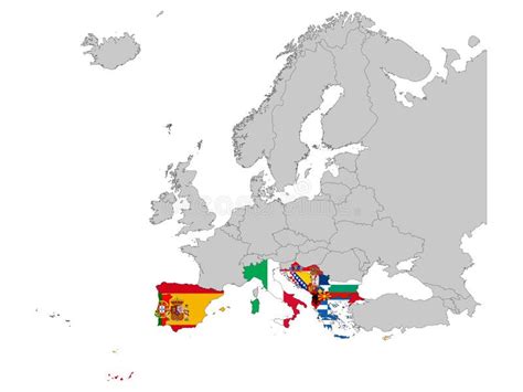 Map of South Europe Countries with National Flag on Gray Map of Europe Stock Vector ...