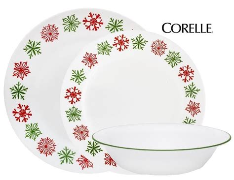 12 pc Corelle CHEERFUL FLURRY Dinnerware Set *CHRISTMAS SNOWFLAKES Red ...