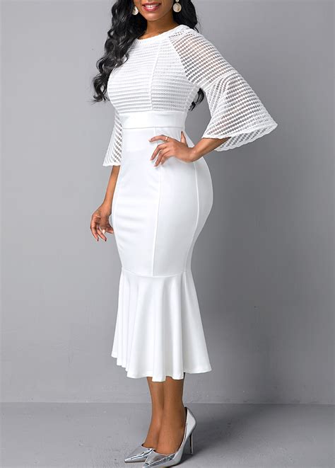 ROTITA Flare Sleeve Round Neck Mesh Panel Mermaid Dress | Rotita.com ...