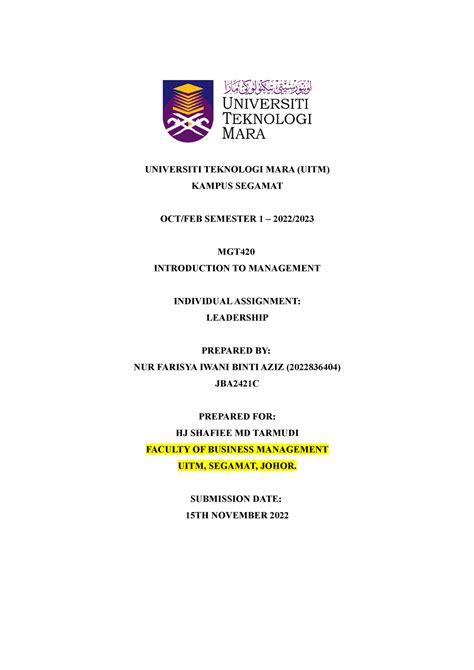 Leadership Nyala - UNIVERSITI TEKNOLOGI MARA (UITM) KAMPUS SEGAMAT OCT/FEB SEMESTER 1 – 2022 ...