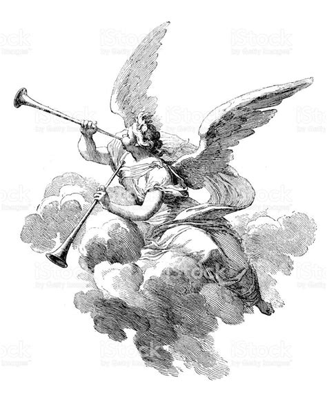 Antique illustration of a dressed angel playing two trumpets while... | Antique illustration ...