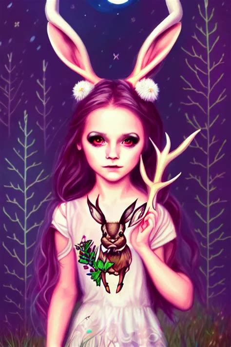 a little girl holding a jackalope, in a forest, at | Stable Diffusion | OpenArt