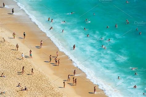 Crowded ocean beach. Aerial view | Nature Stock Photos ~ Creative Market