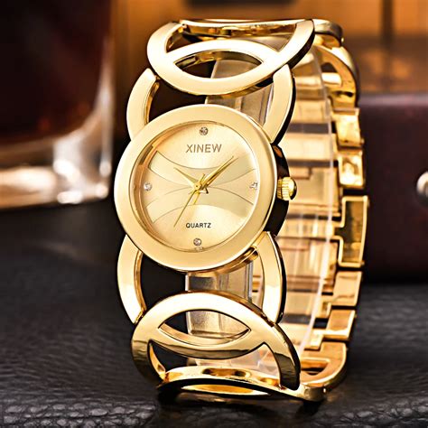 Gold Watch Women Brand XINEW 6438 Full Stainless Steel Bracelet Rhinestone Casual Quartz Wrist ...