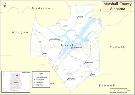 map of marshall county in the state of mississippi, with major cities and roads highlighted