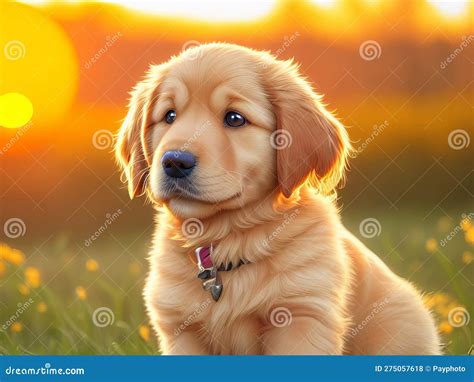 A Portrait of a Golden Retriever Puppy at Sunset. Stock Illustration ...