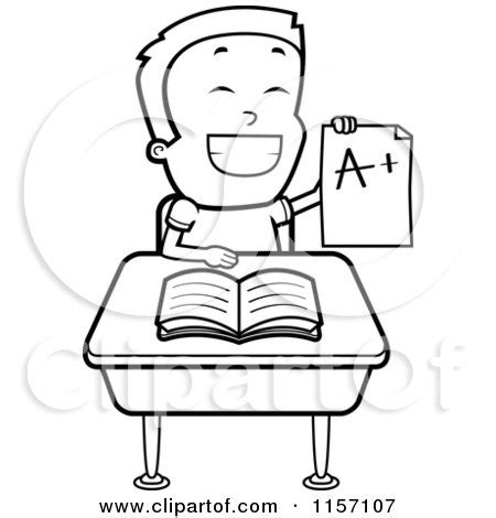 Cartoon Clipart Of A Black And White Smart School Boy Holding A Graded ...