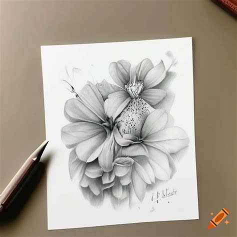 A hyper realistic pencil drawing of flowers and butterflies m on Craiyon