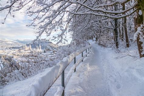 Premium Photo | Walking promenade in salzburg snowy winter landscape