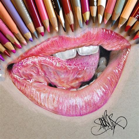 Artist: Jose Vergara {contemporary realist color pencil drawing of lips and tongue ...