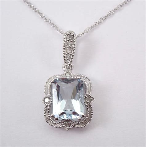 Antique Style 14K White Gold Diamond and Emerald Cut Aquamarine Pendant ...