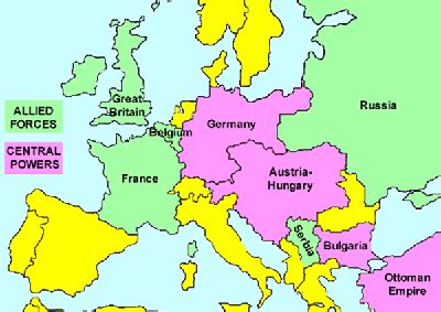 A map of the European Central Powers, and Allied Powers during World War 1 (Circa 1914)